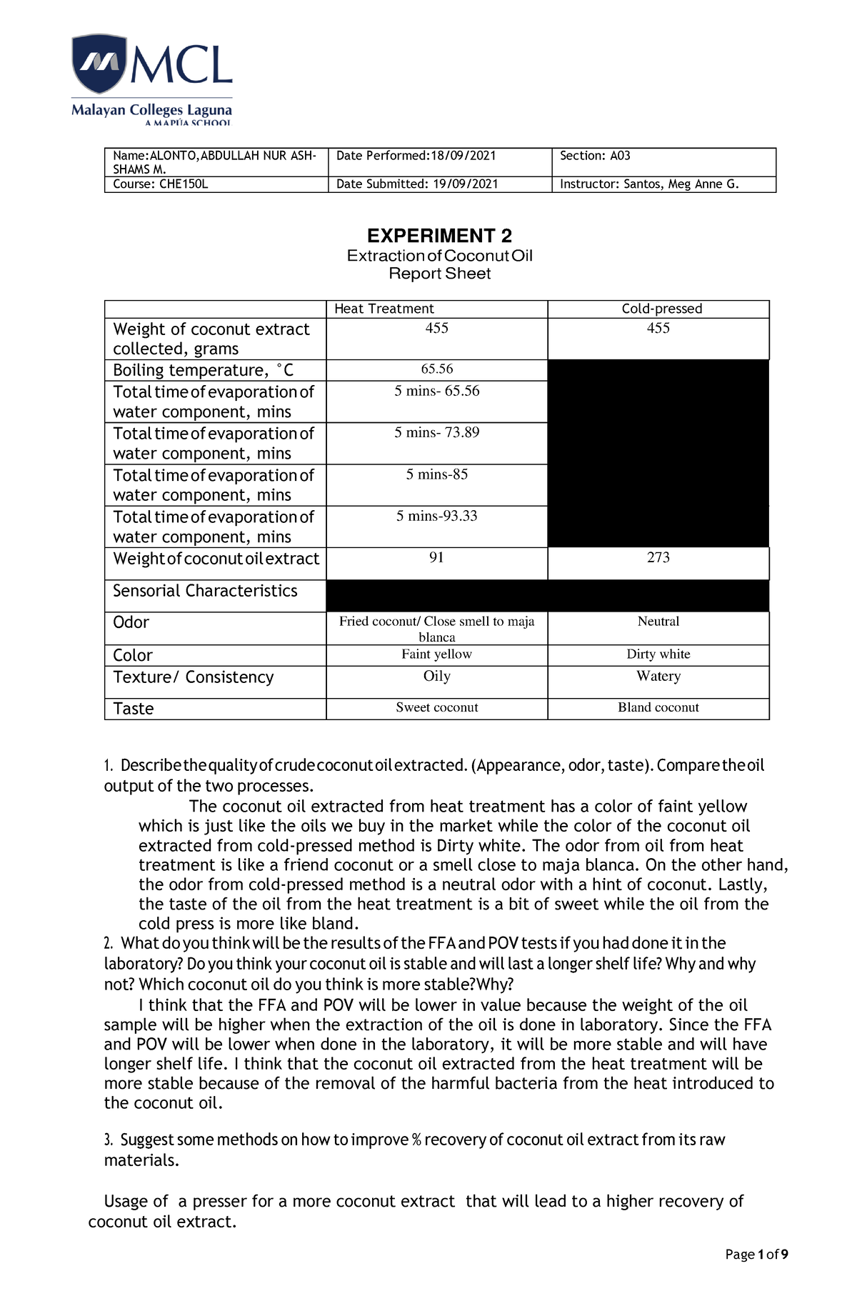 Experiment 2 extraction of coconut oil report sheet - Name:ALONTO ...