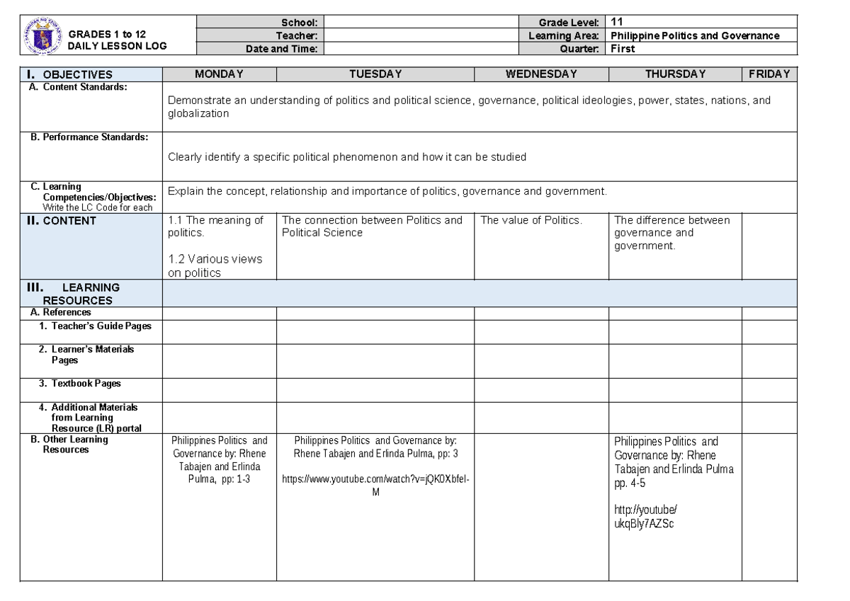 DLL-Politics Week 1 - Lesson Plan - GRADES 1 to 12 DAILY LESSON LOG ...