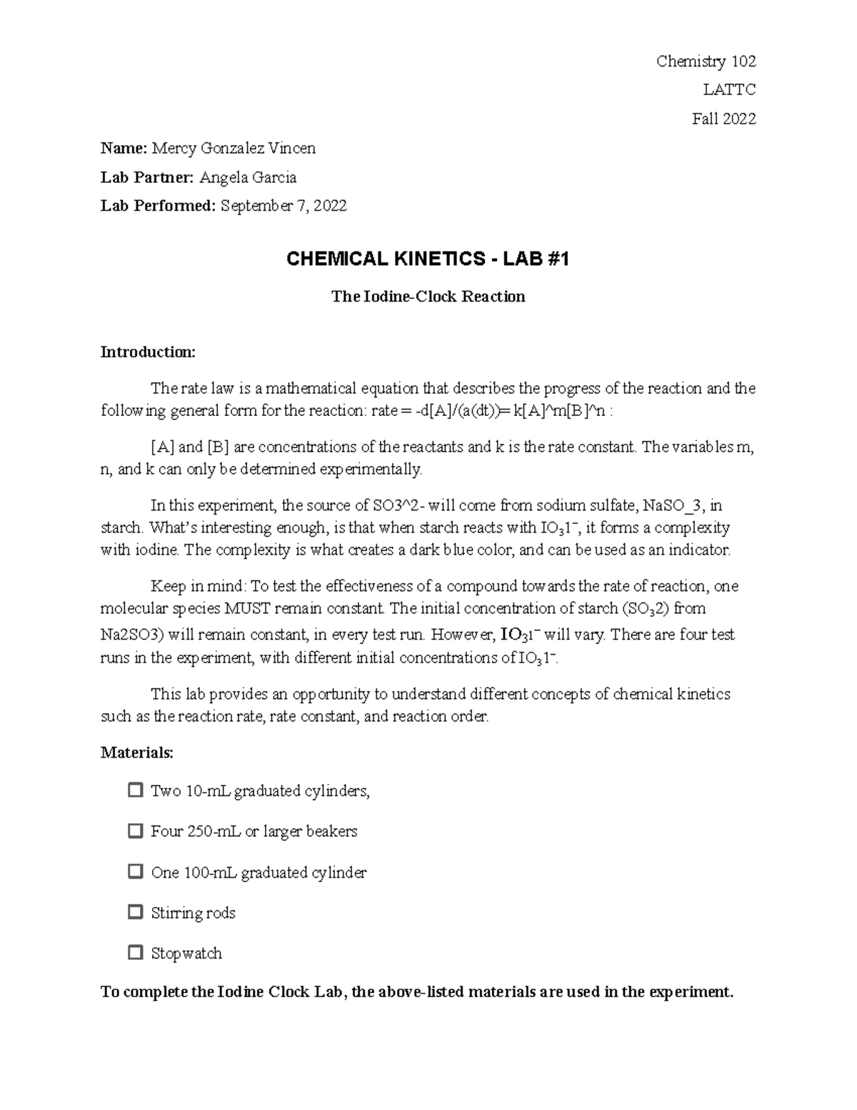 Lab #1 Iodine Clock - Chemistry 102 LATTC Fall 2022 Name: Mercy ...