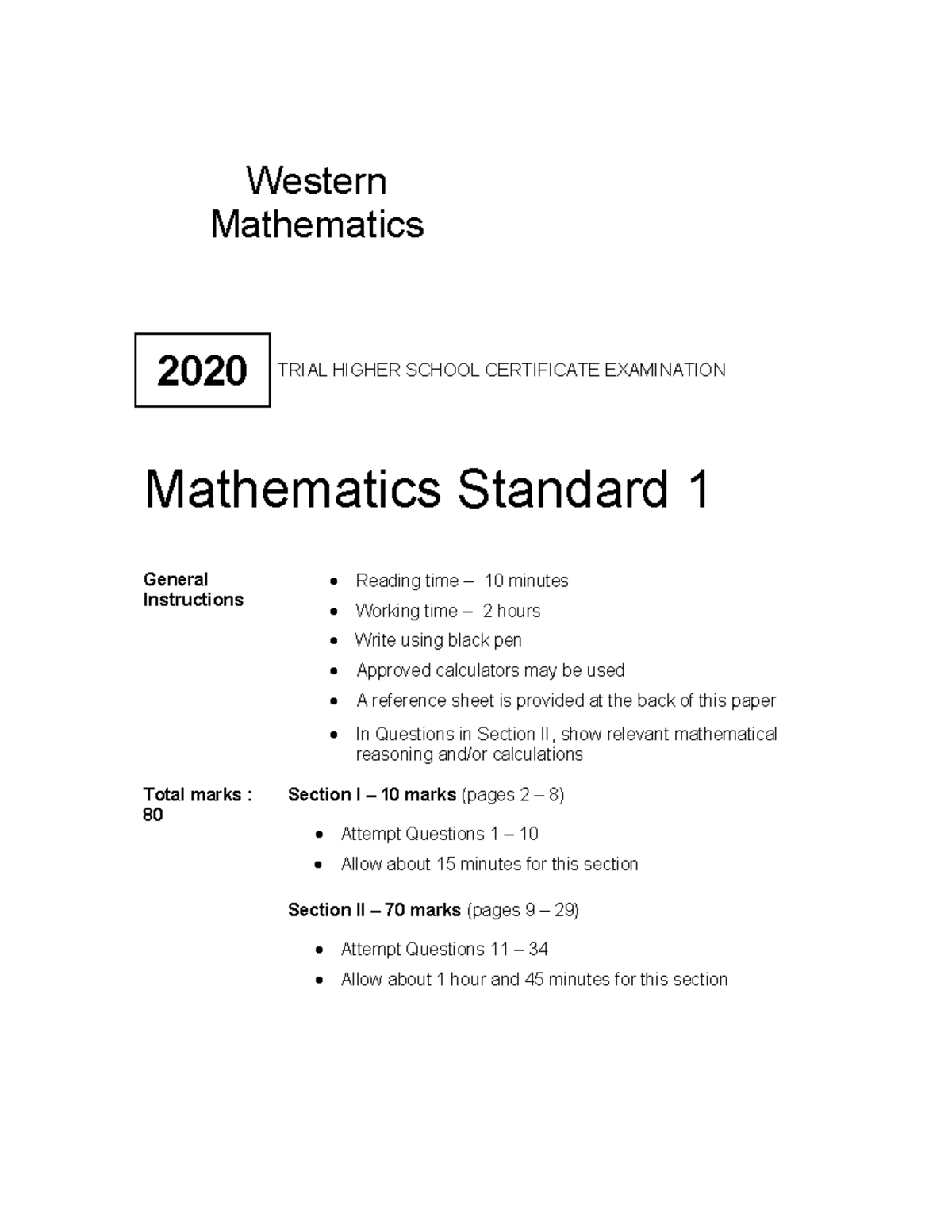 WME Mathematics Standard 1 Trial HSC Exam 2020 - Western Mathematics ...