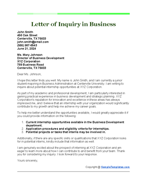 Letter of Inquiry Requesting Information - Letter of Inquiry Requesting ...