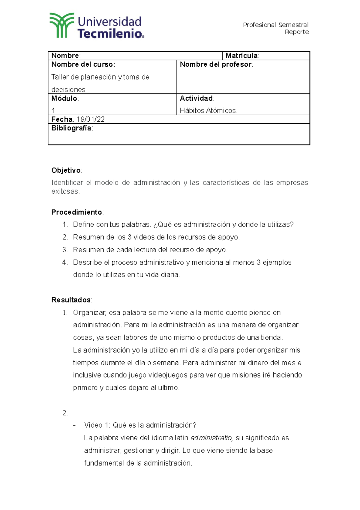 Actividad 1 Taller de Planeacion studoc - Reporte Nombre : Matrícula ...
