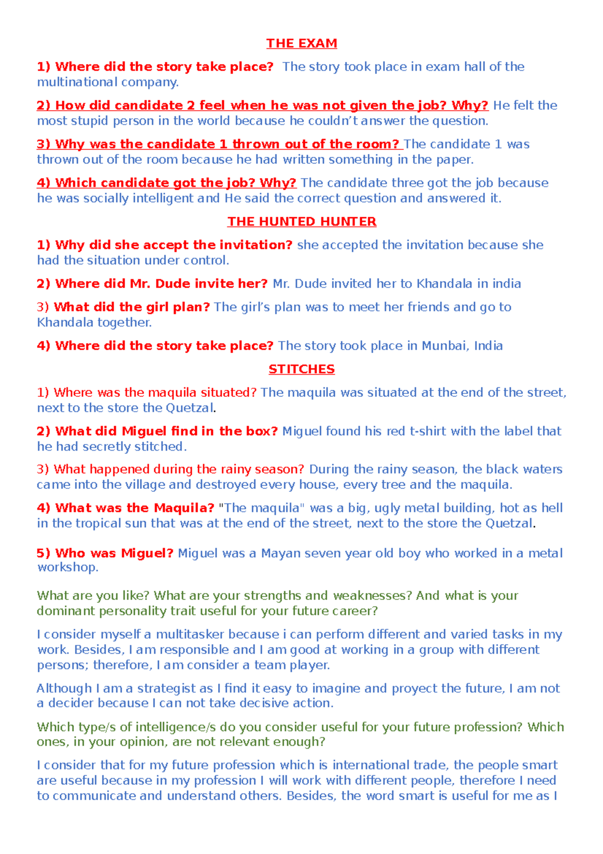 Ingles 2 preguntas de los cuentos THE EXAM Where did the story take
