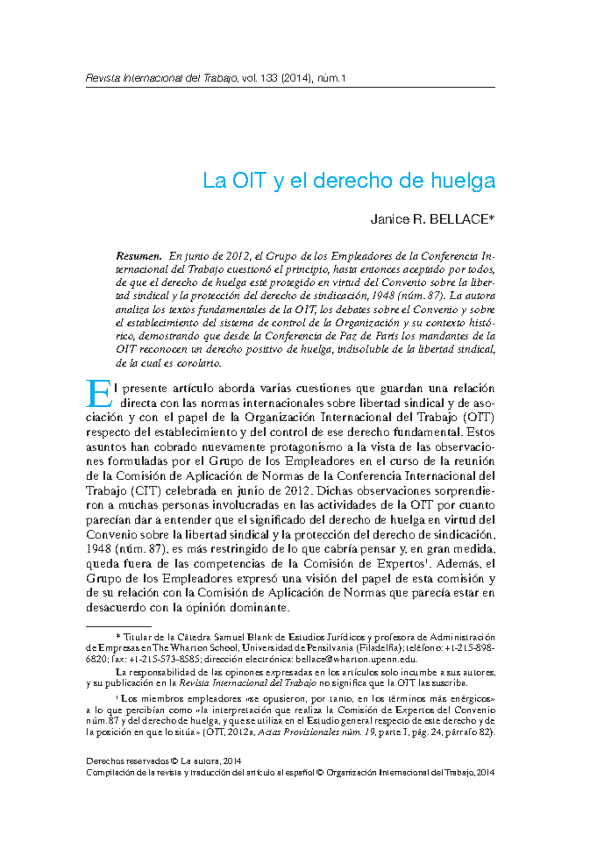 Bellace - Revista Internacional del Trabajo, vol. 133 (2014), núm ...