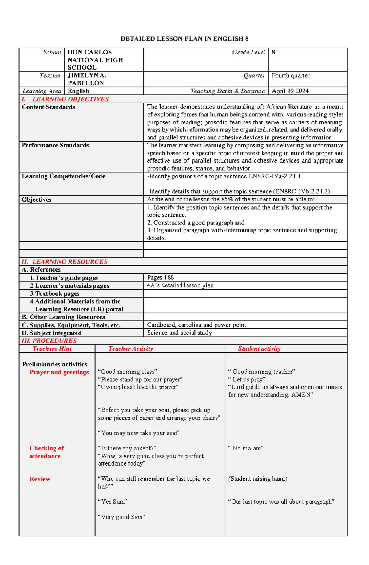 LP JHS final - DETAILED LESSON PLAN IN ENGLISH 8 School DON CARLOS ...