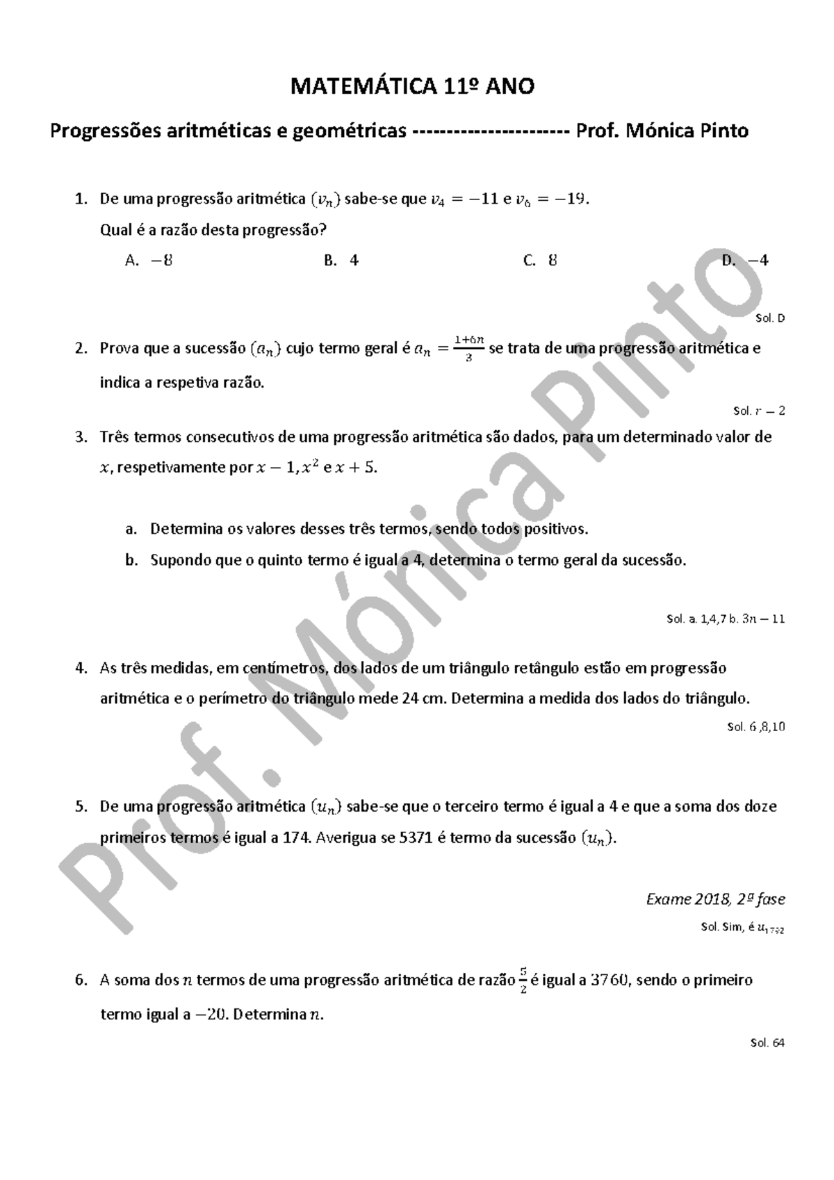 Prep Teste Progressoes MatemÁtica 11º Ano Progressões Aritméticas E Geométricas Prof Mónica 8187