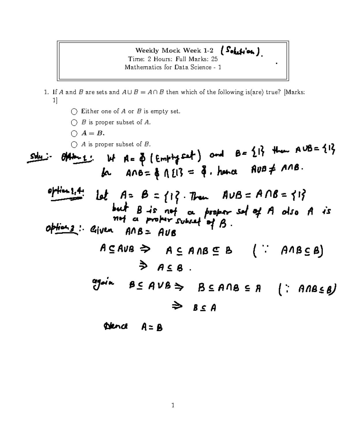 Mock 1 (Week 1-2)Solution - Weekly Mock Week 1- Time: 2 Hours: Full ...
