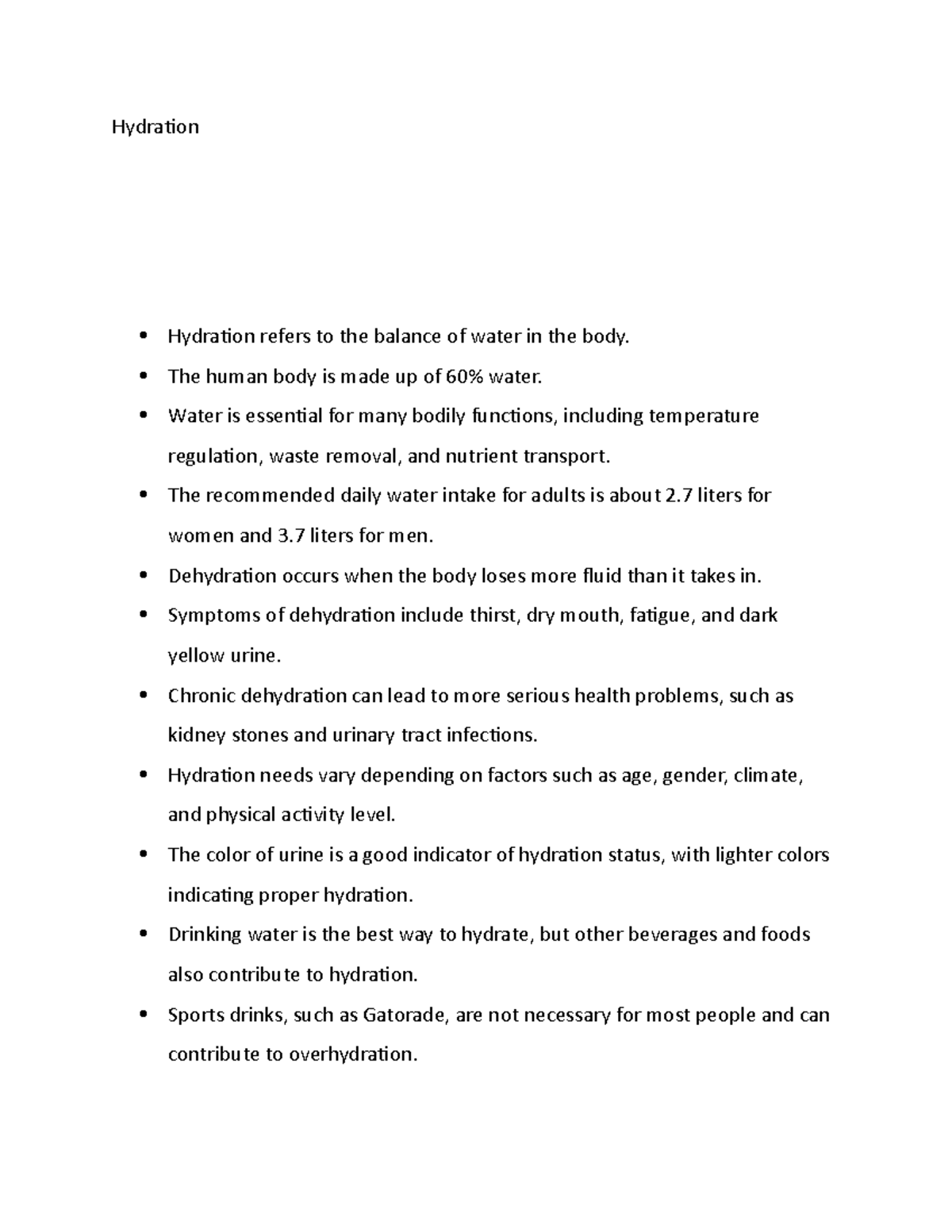 Hydration notes - Hydration Hydration refers to the balance of water in ...