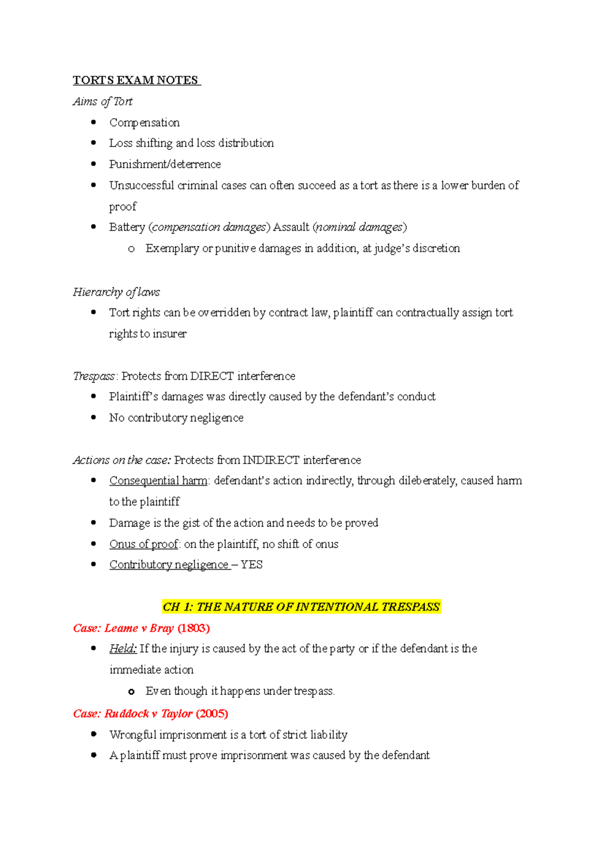 Torts Final EXAM Notes - TORTS EXAM NOTES Aims of Tort Compensation ...