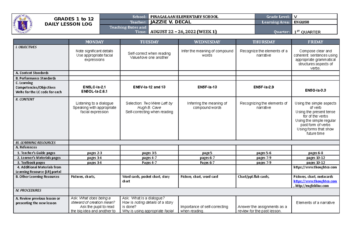 DLL English 5 Q1 W1 - ASSIGNMENT - GRADES 1 to 12 DAILY LESSON LOG ...