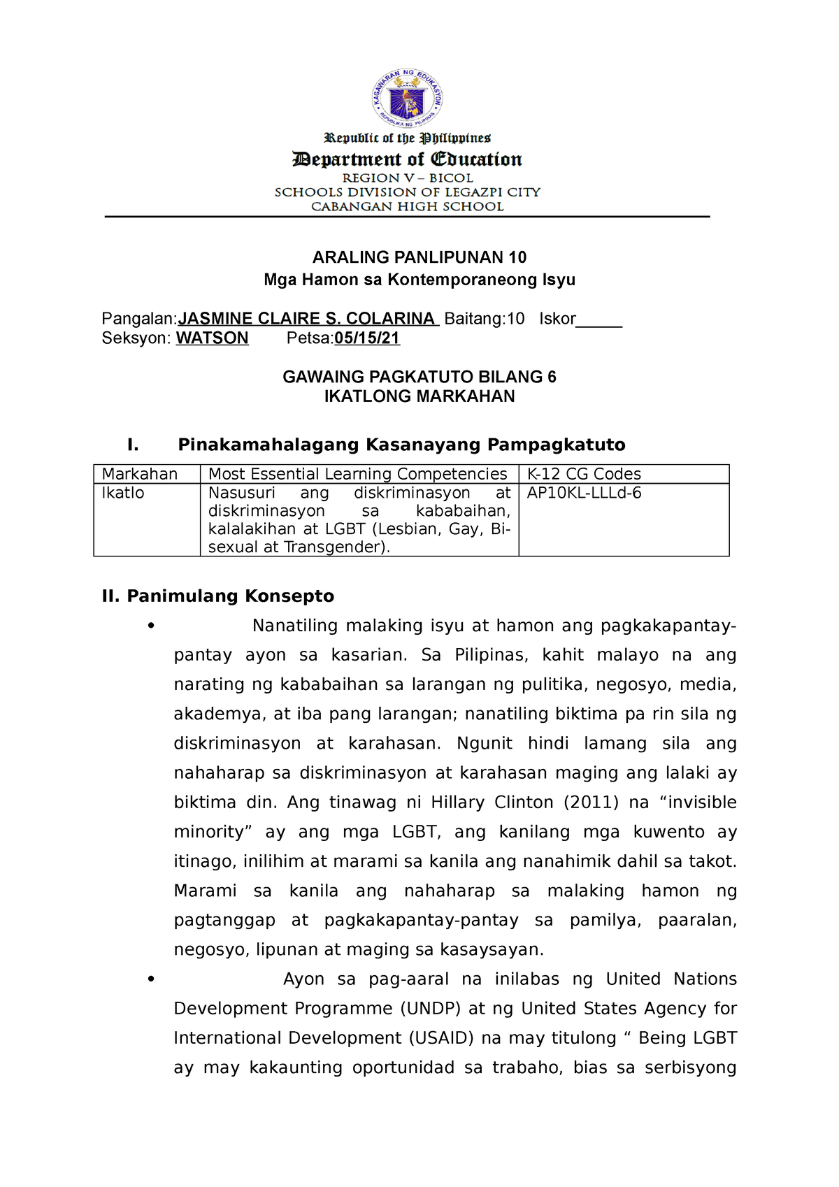 AP 10 Q3 LAS 6 - Ggdd - ARALING PANLIPUNAN 10 Mga Hamon Sa ...