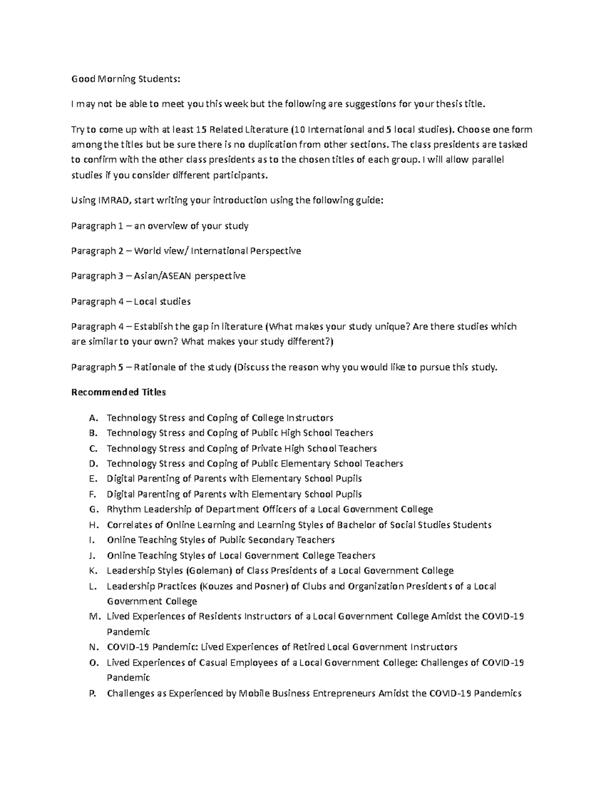 Thesis-titles - lecture - Good Morning Students: I may not be able to ...