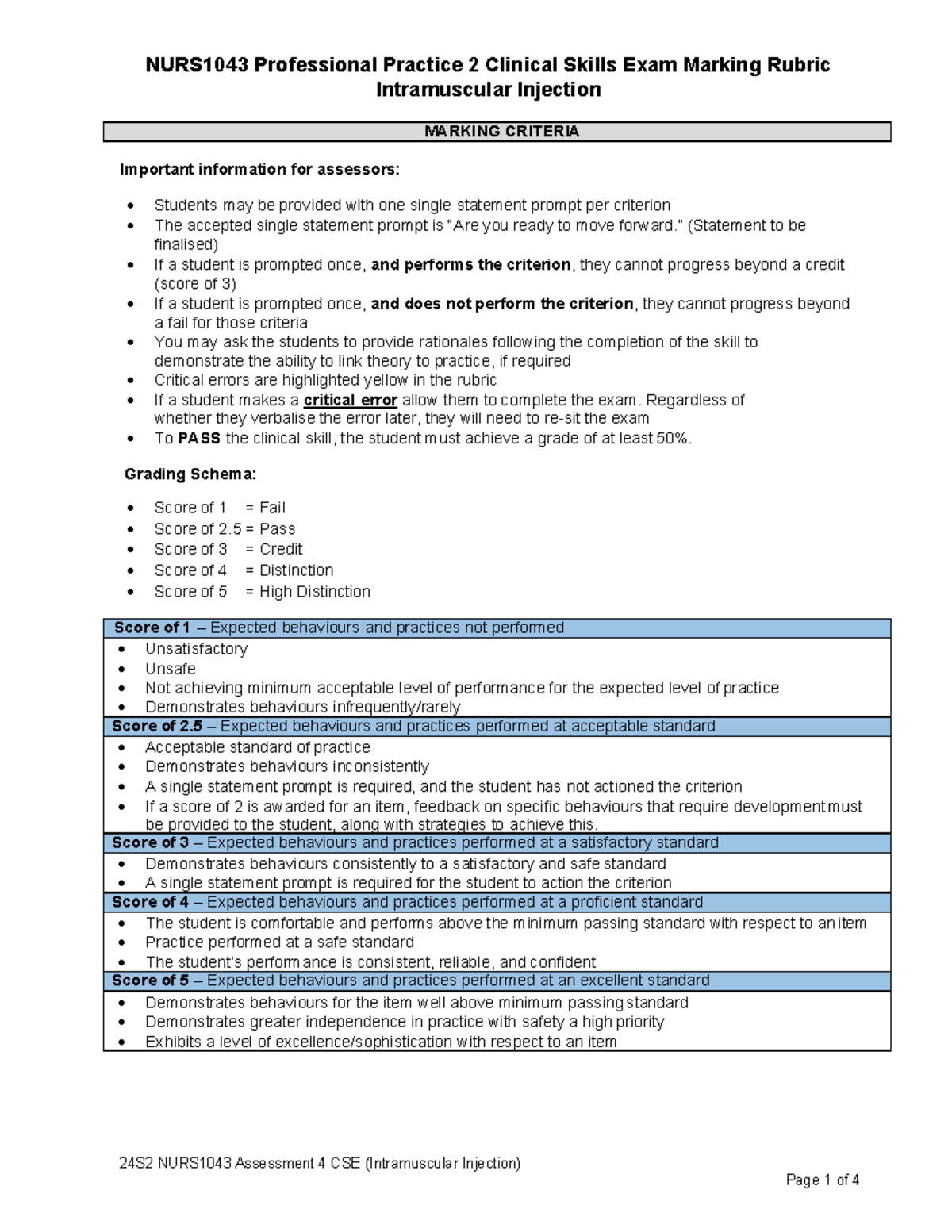 NURS1043 CSE Rubric - IM Injection - 24S2 NURS1043 Assessment 4 CSE ...