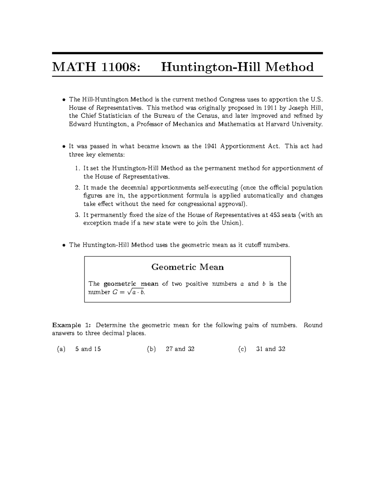 Huntington-Hill Method - MATH 11008: Huntington-Hill Method The Hill ...