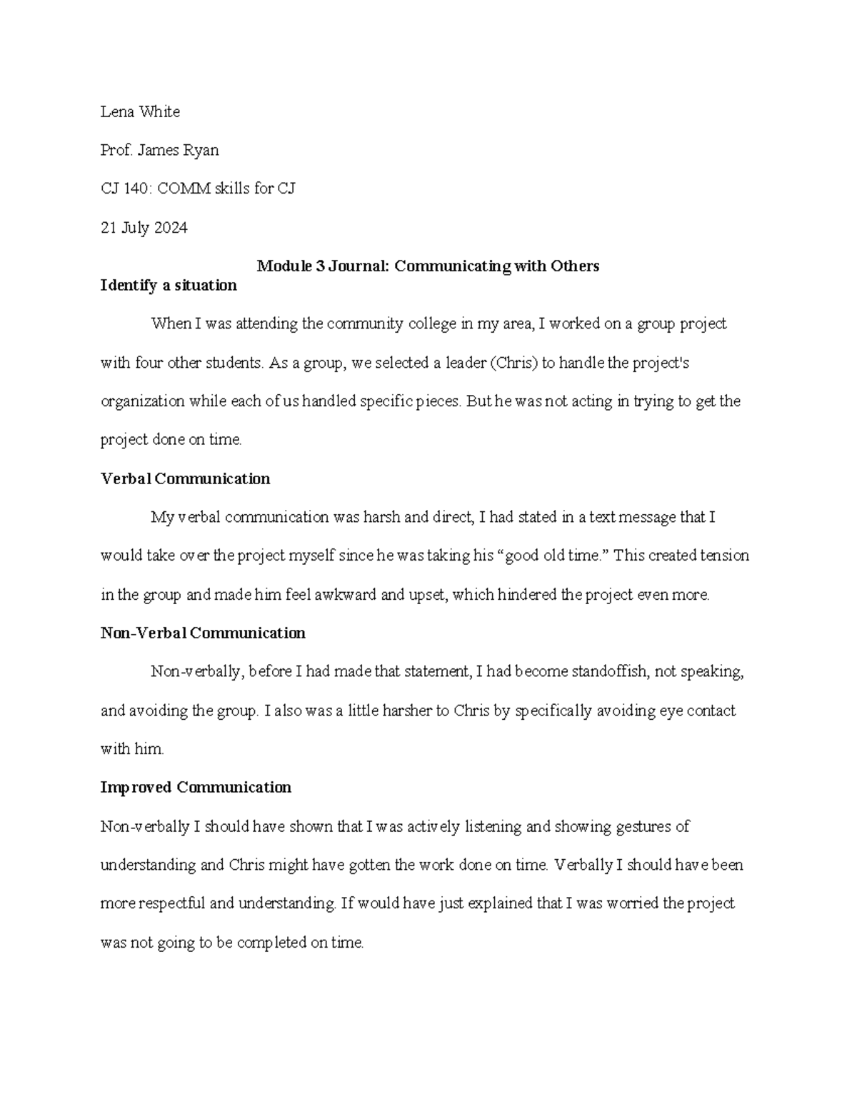 CJ 140 3.1 Journal - Lena White Prof. James Ryan CJ 140: COMM skills ...