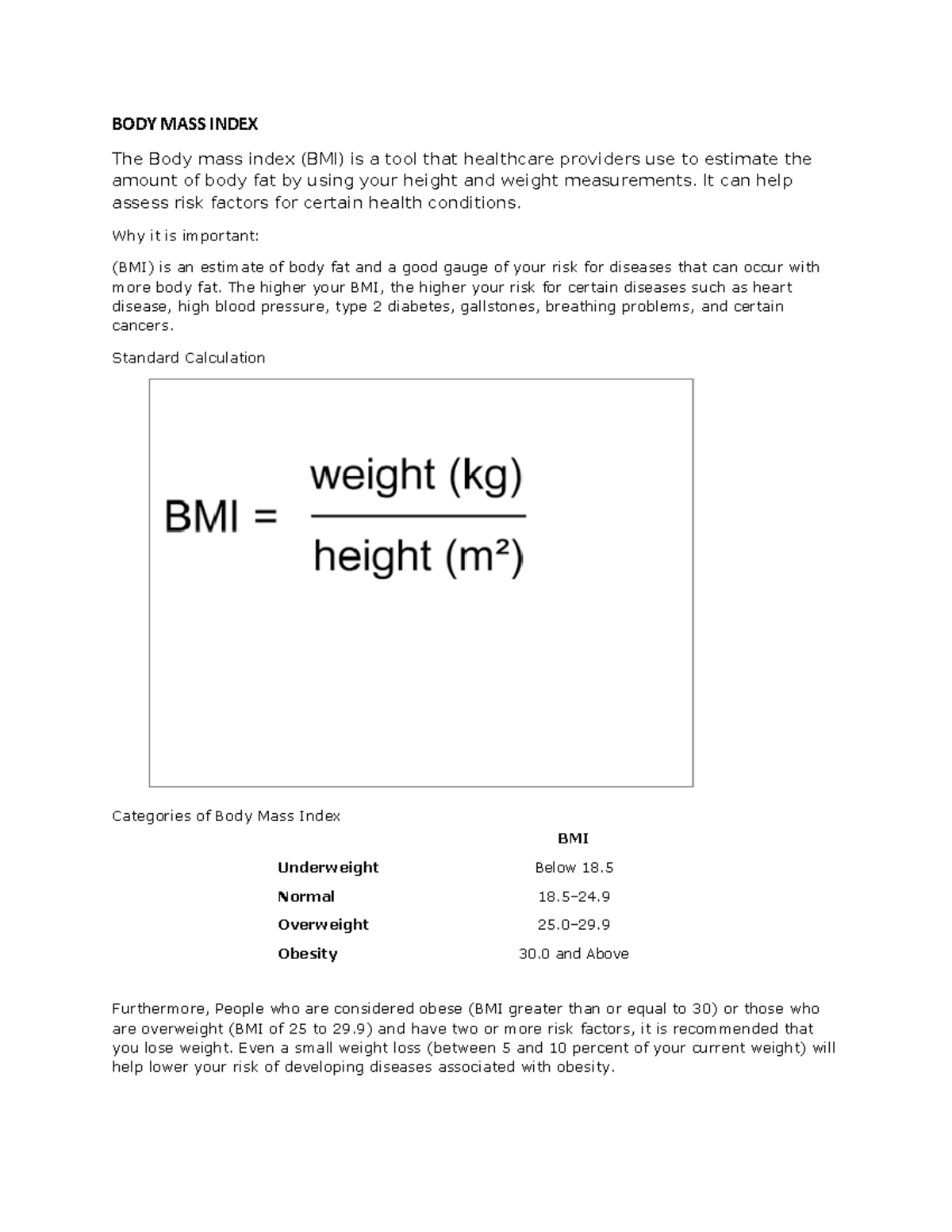 Outline-BMI - None - BODY MASS INDEX The Body mass index (BMI) is a ...