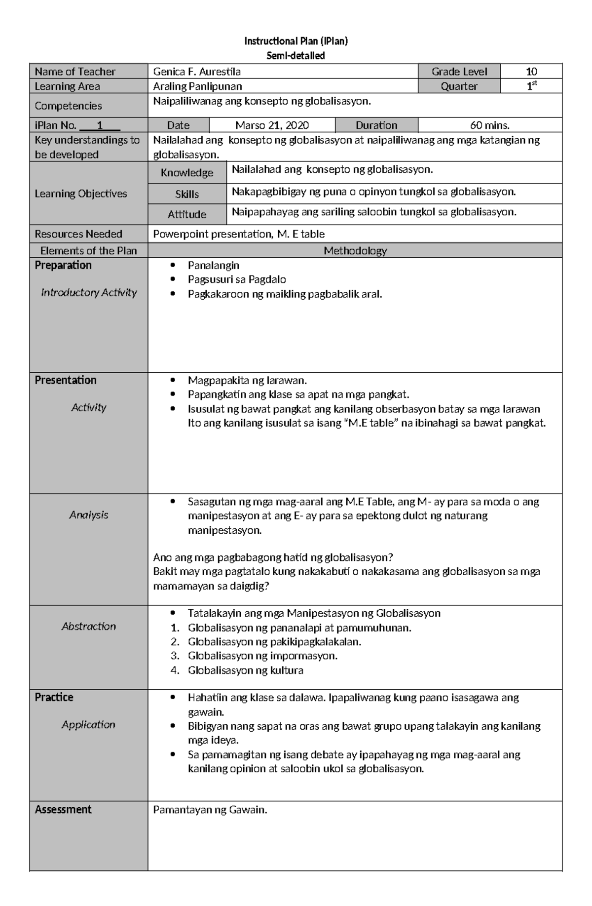 Aurestila, G. Iplan s EMI- Detailed - Instructional Plan (iPlan) Semi ...
