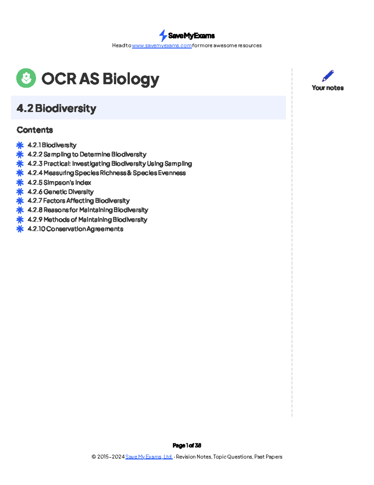 Biodivesity notes - Page 1 of 38 OCR AS Biology 4 Biodiversity Contents ...