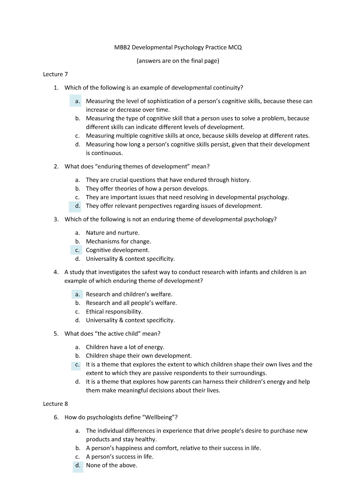 Developmental Psychology Practice Questions