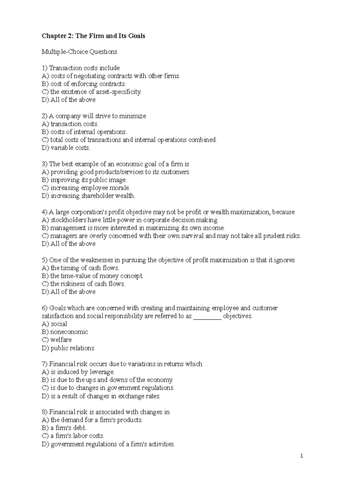 Chapter 2 MCQs and Analytical Qs The Firm and Its Goals M - Chapter 2 ...