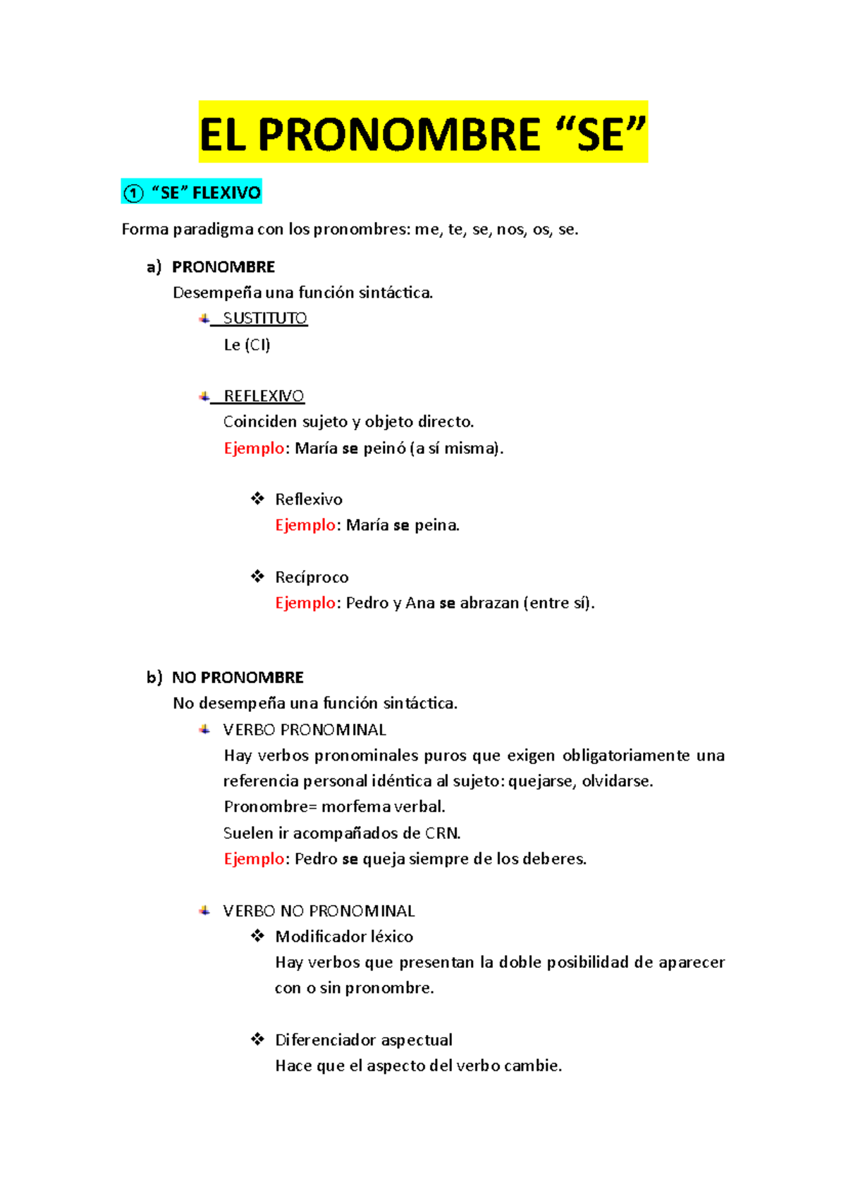 EL Pronombre `'SE`' - Apunts 7 - EL PRONOMBRE “SE” ① “SE” FLEXIVO Forma ...