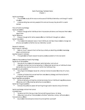 Psychology 241 - Master Notes - Chapter 1 What is Social Psychology ...
