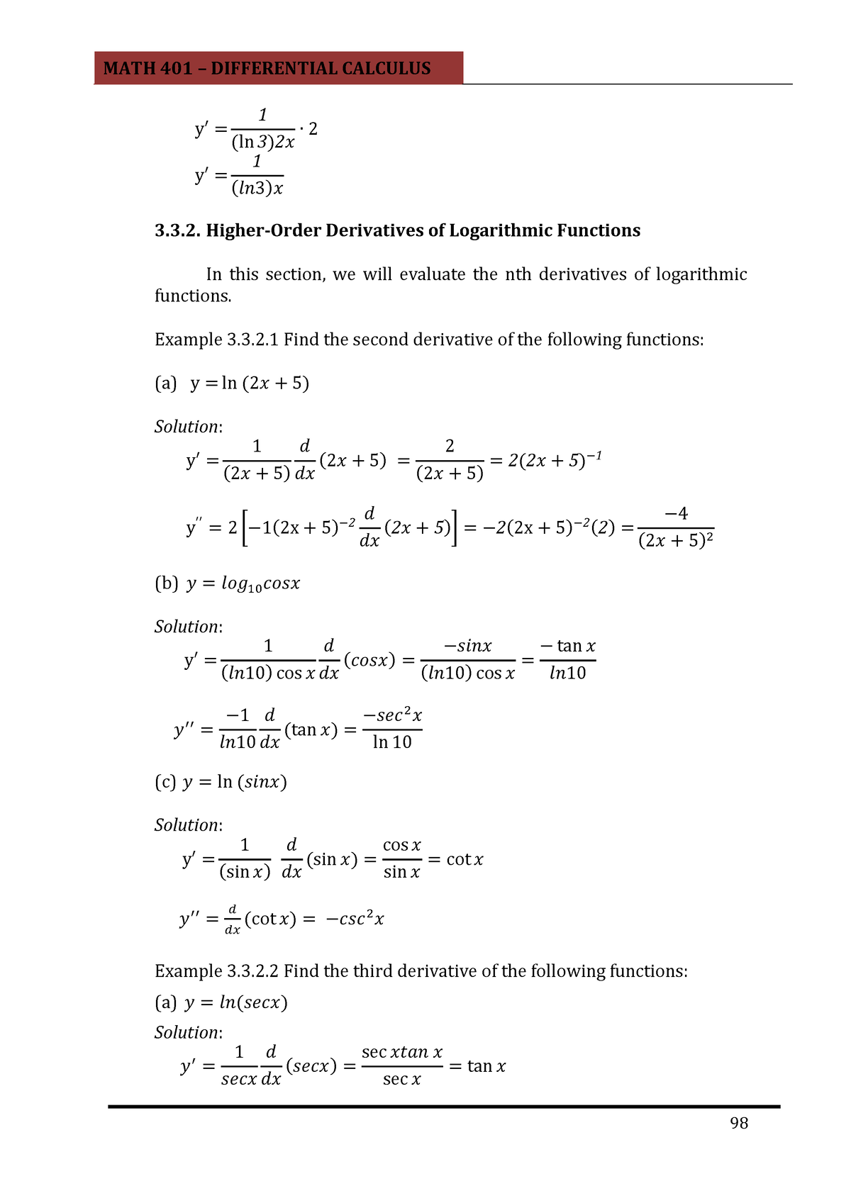 Differential Calculus 25 - y ln y 3.3. Higher-Order Derivatives of ...