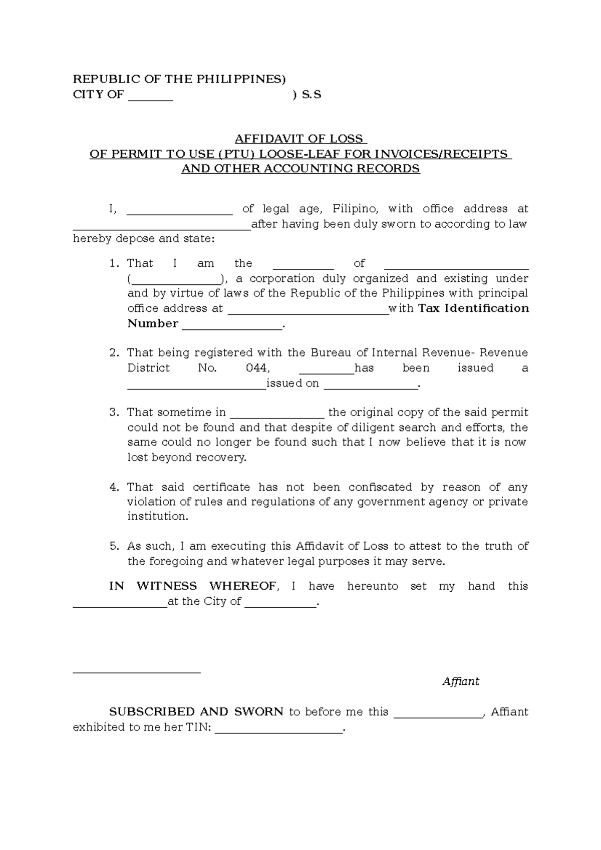 Affidavit Of Loss BIR Permit To Use Loose Leaf Draft REPUBLIC OF THE 2022-cash-receipts-journal-template-fillable-printable-pdf-and-forms