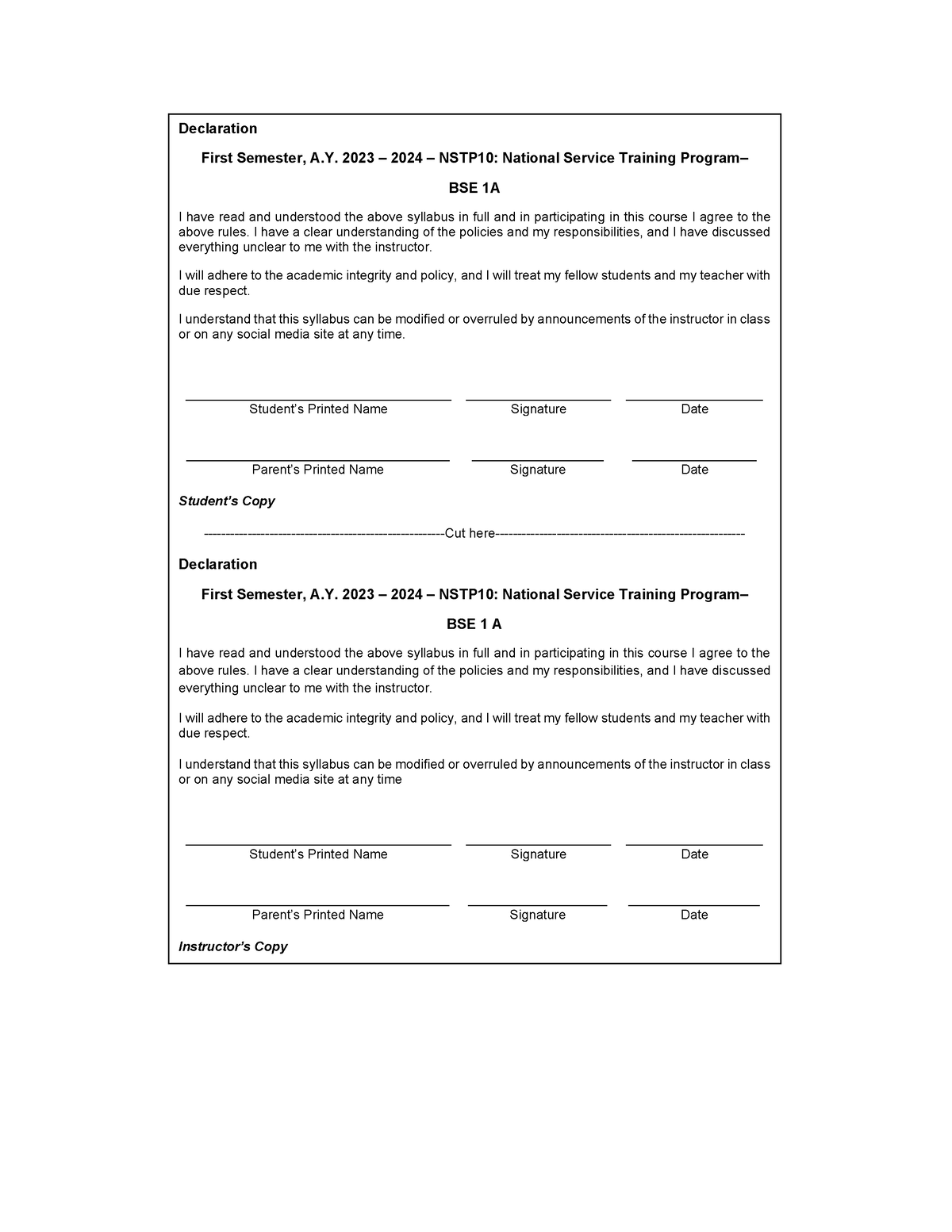 Nstp Declaration Form Naa Declaration First Semester A 2023