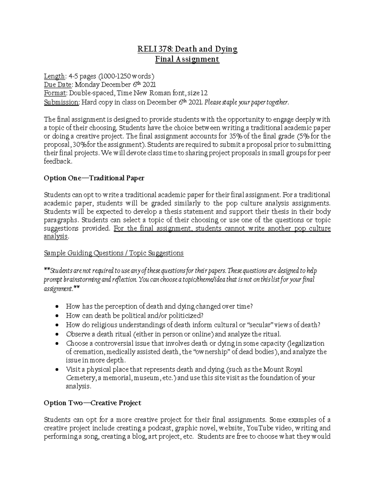 Final Assignment Instructions - RELI 378: Death and Dying Final ...