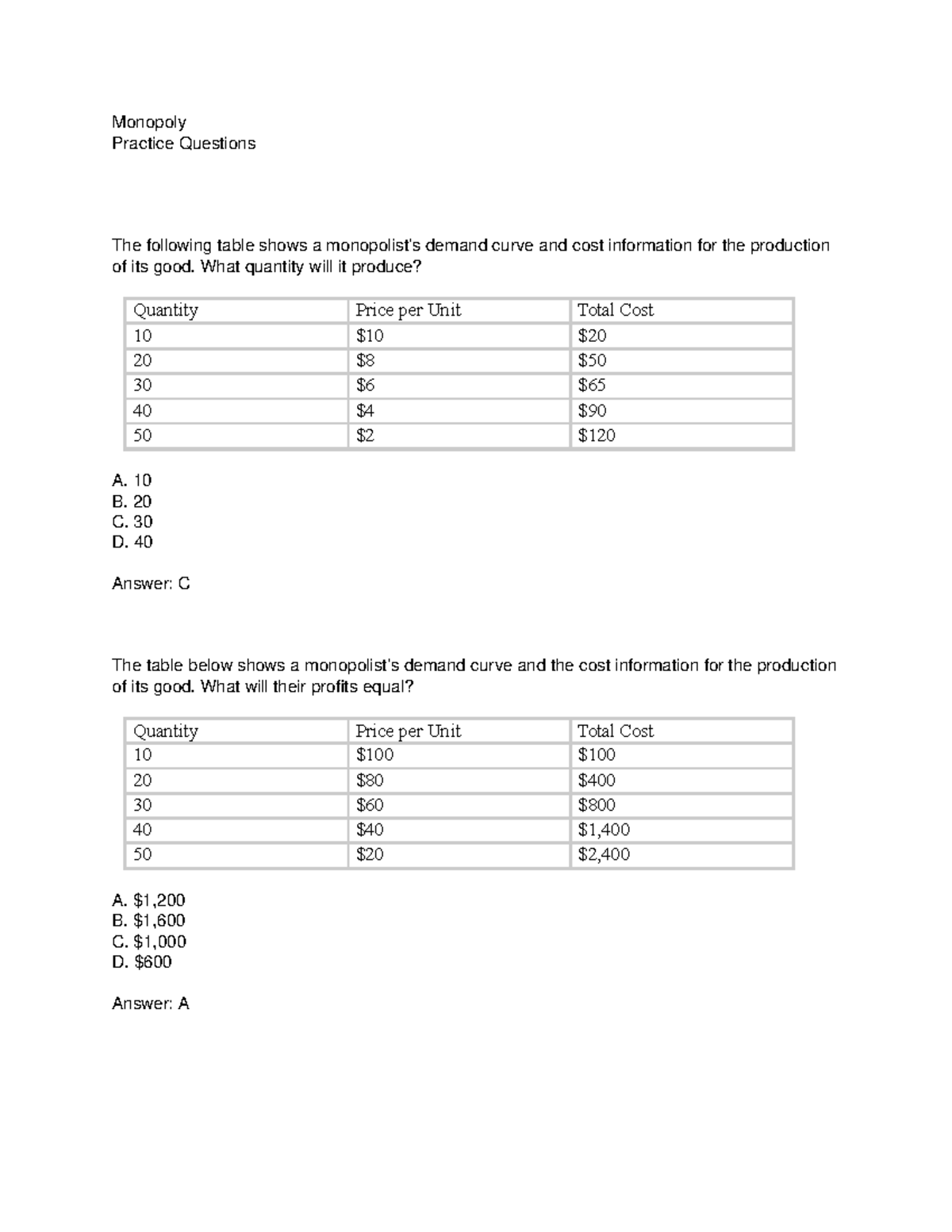 Practice Questions Monopoly Answers - Monopoly Practice Questions The ...