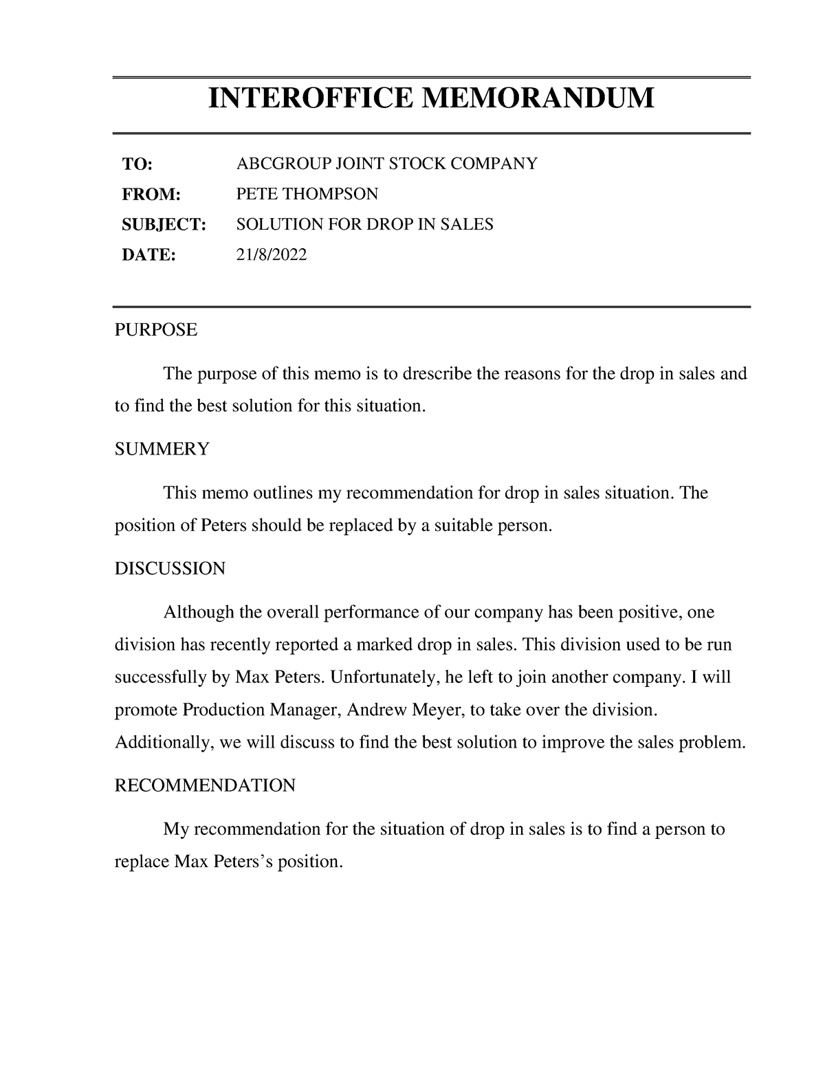 MEMO - good - INTEROFFICE MEMORANDUM TO: FROM: SUBJECT: DATE: ABCGROUP ...