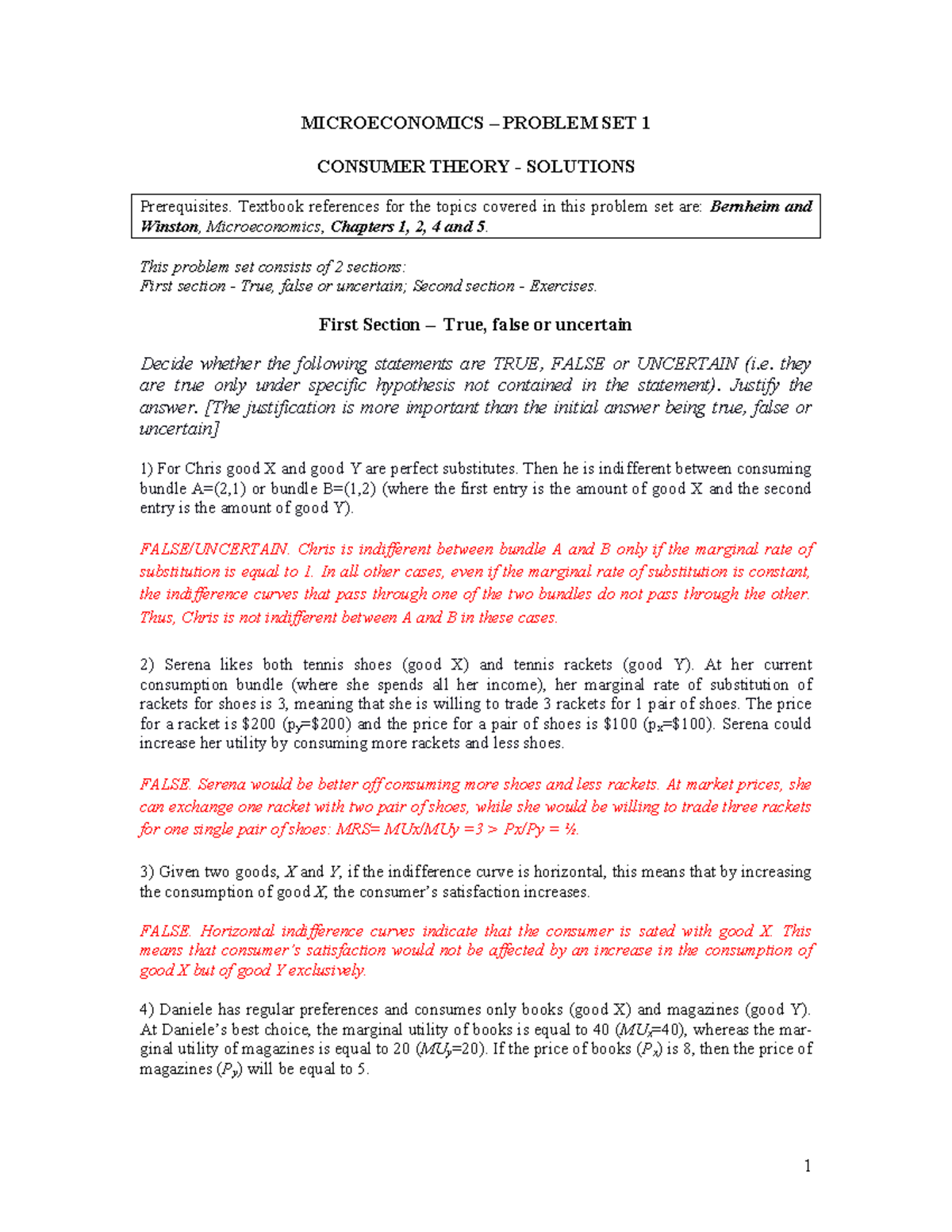 micro exercises - MICROECONOMICS – PROBLEM SET 1 CONSUMER THEORY ...