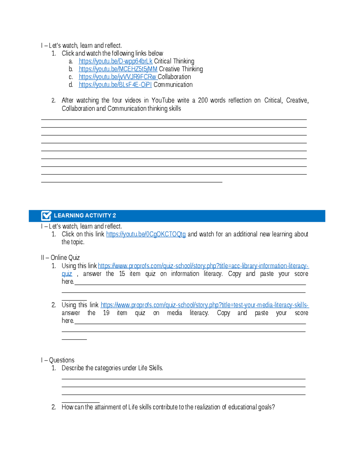 Task of beed students - LEARNING ACTIVITY 2 I – Let’s watch, learn and ...