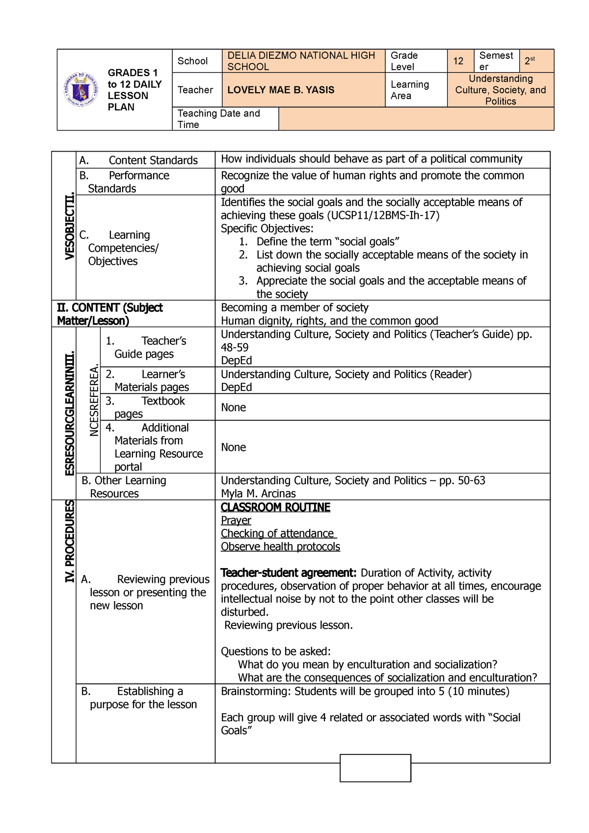 Week 3 - Week 3 - GRADES 1 To 12 DAILY LESSON PLAN School DELIA DIEZMO ...