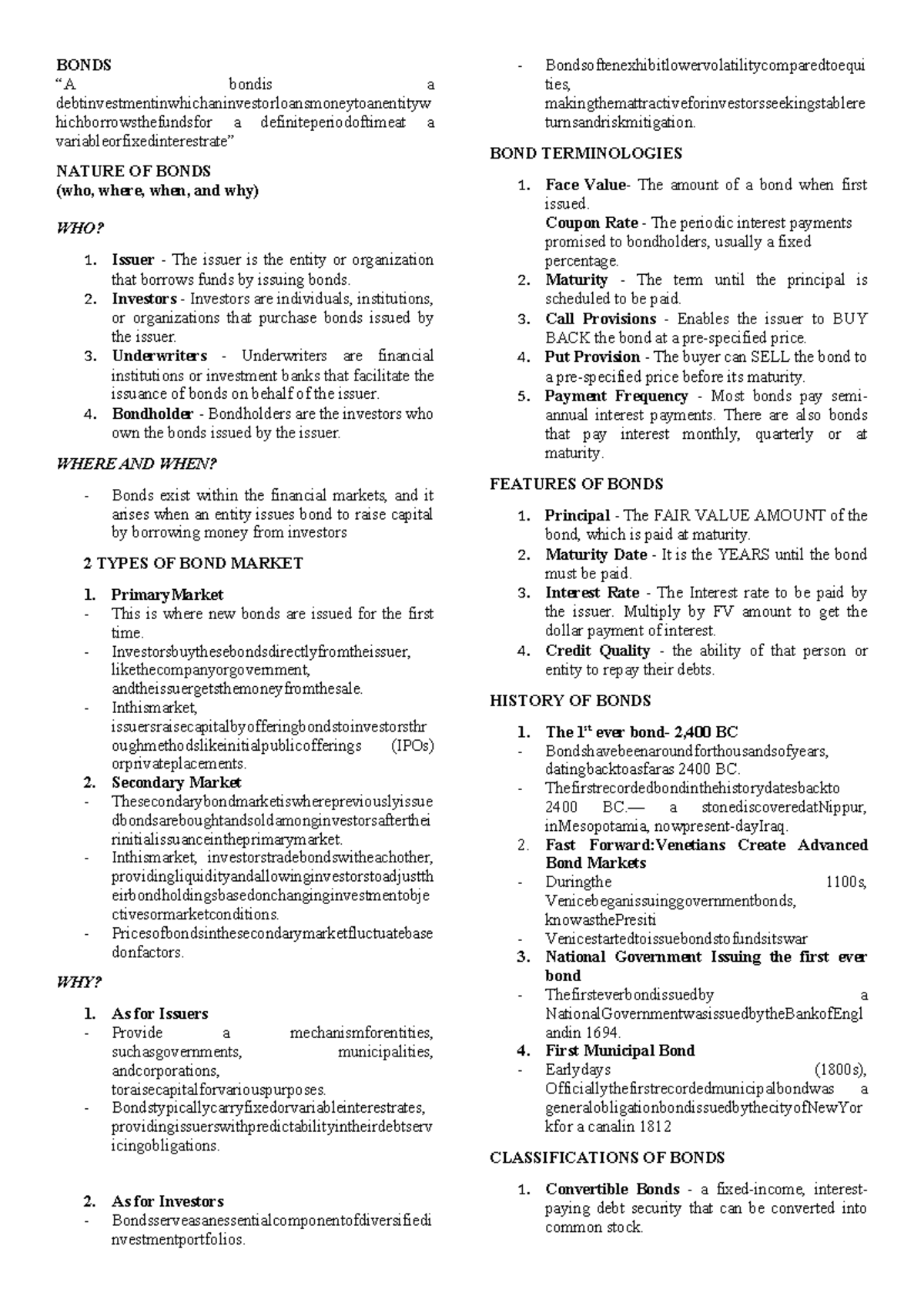 Bonds notes summaries - BONDS “A bondis a ...