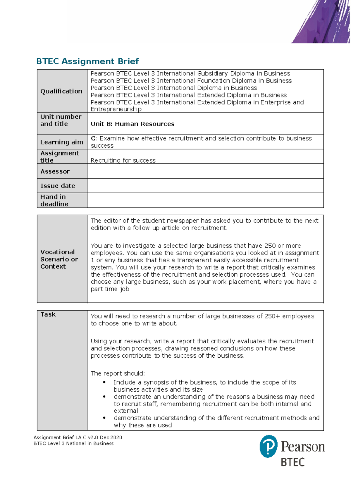 Unit 8 Human Resources AAB Learning Aim C - BTEC Assignment Brief ...