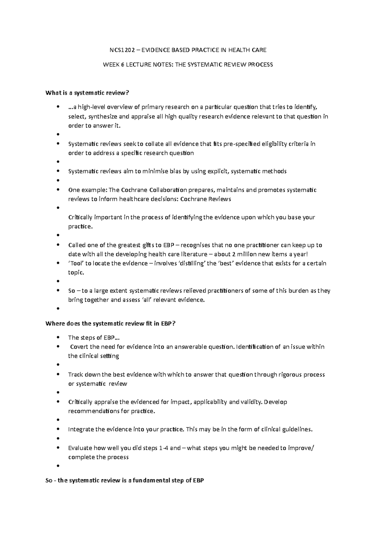 WEEK 6 EBP PART 1 - Lecture notes 6 - NCS1202 – EVIDENCE BASED PRACTICE ...