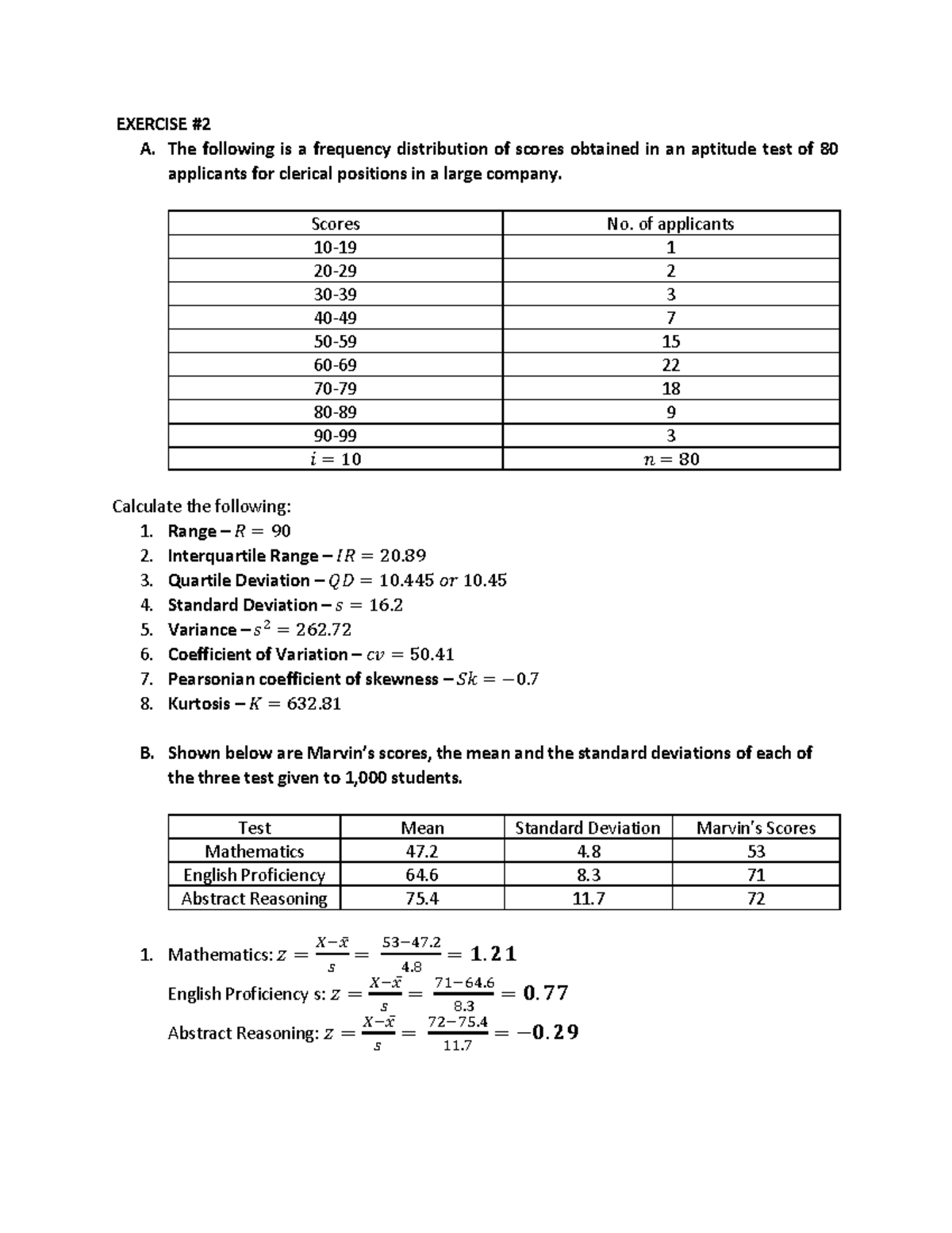 Descriptive Statistics - Measures of Central Tendency - EXERCISE A. The ...