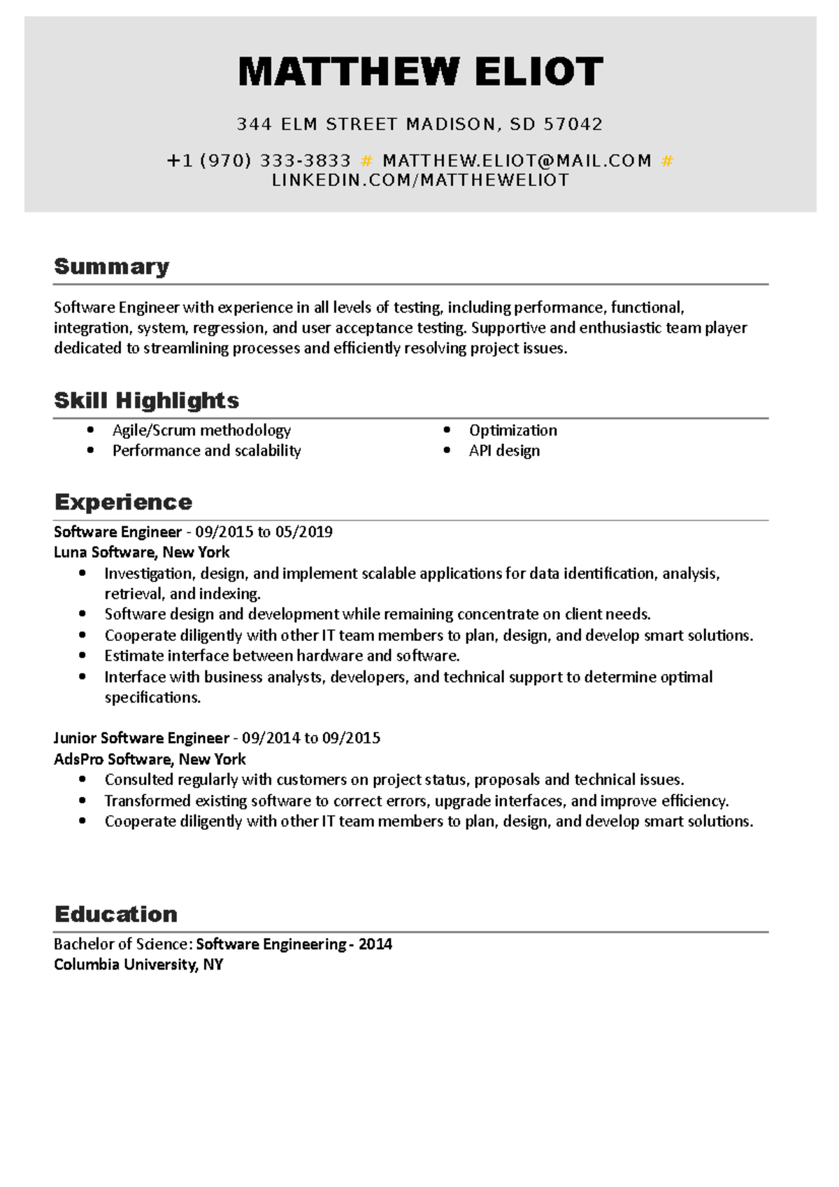 B zzzzzzzzzzzz MATTHEW ELIOT 344 ELM STREET MADISON, SD 57042 +1