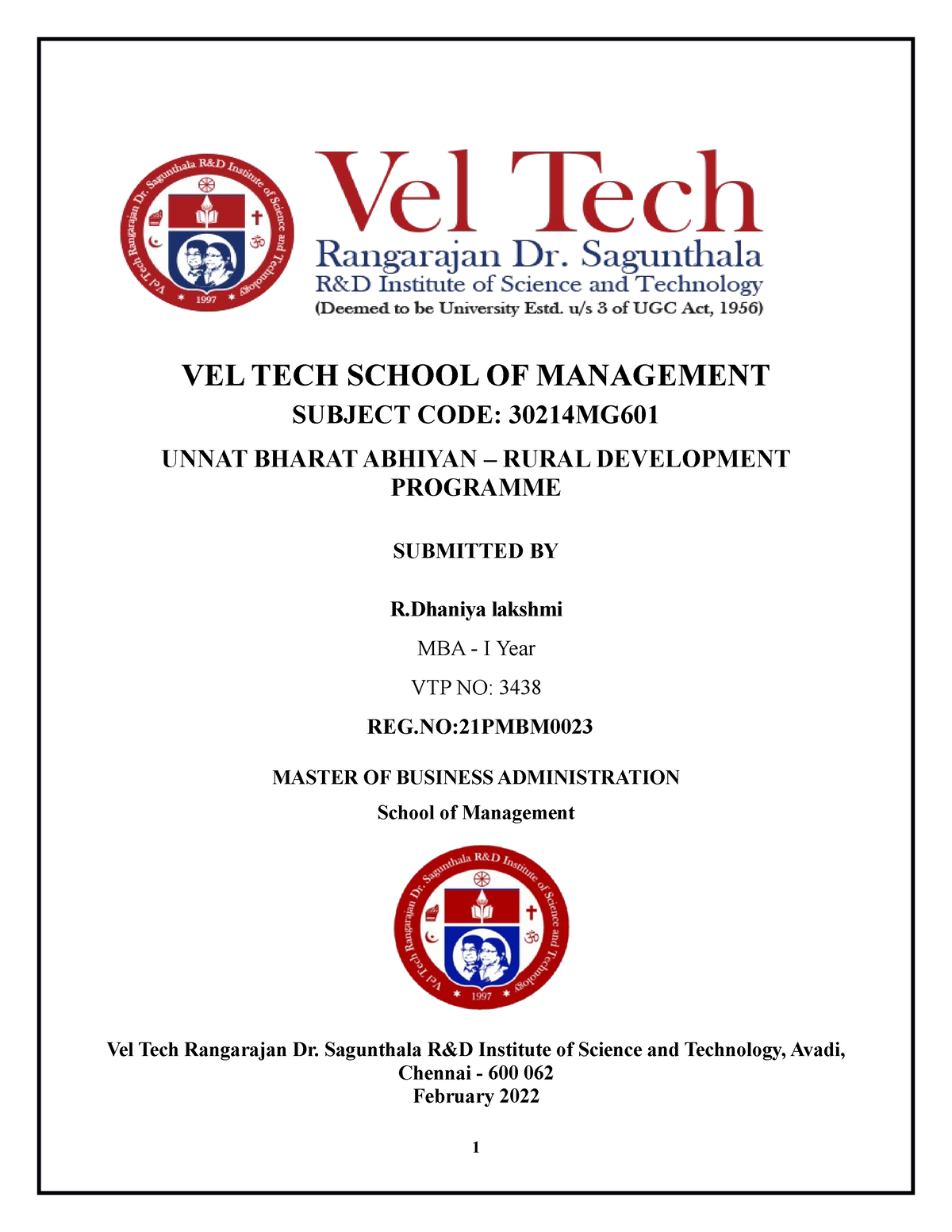 RPD Final Report Dhaniya Lakshmi.R 3438 - VEL TECH SCHOOL OF MANAGEMENT ...