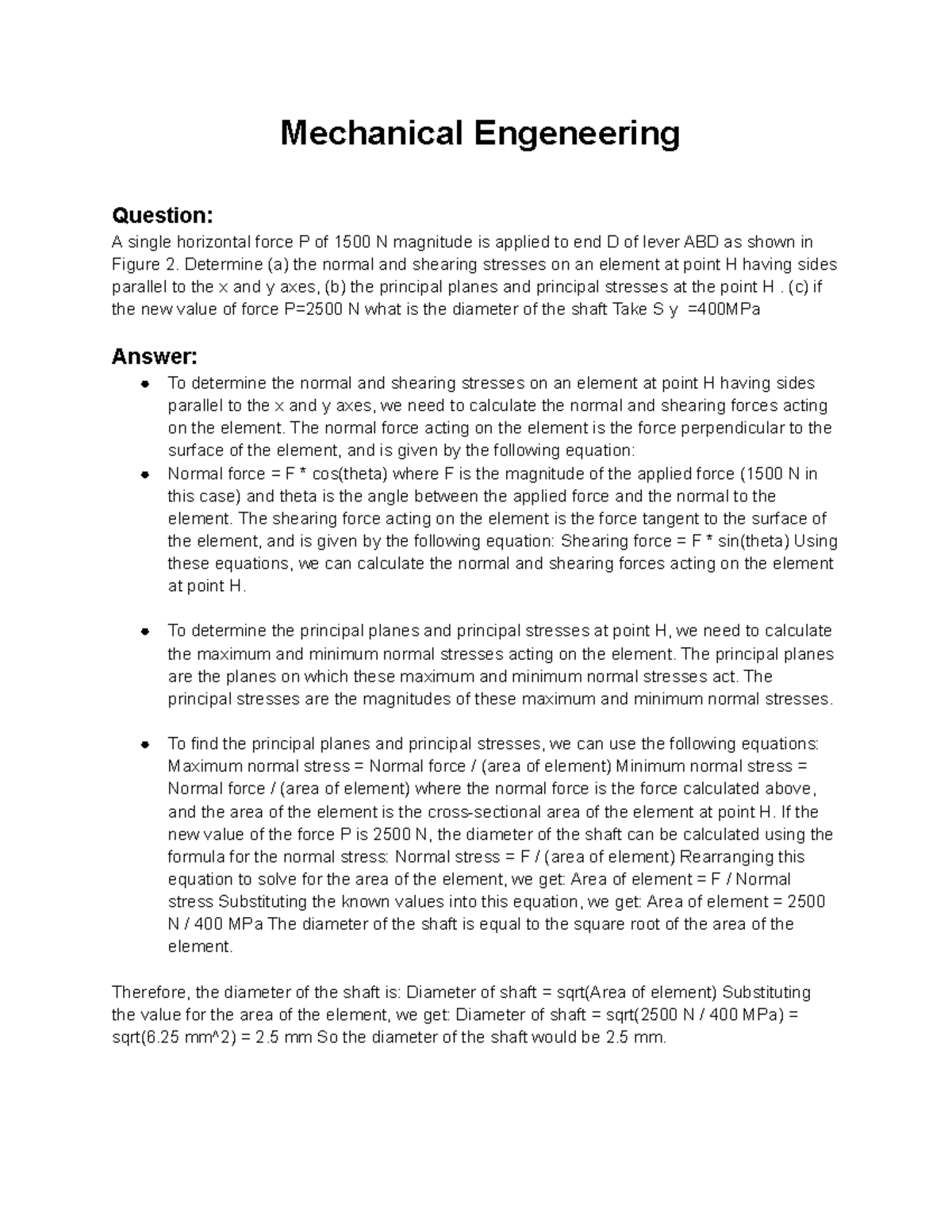 Mechanical Engineering Studyguide - Mechanical Engeneering Question: A ...