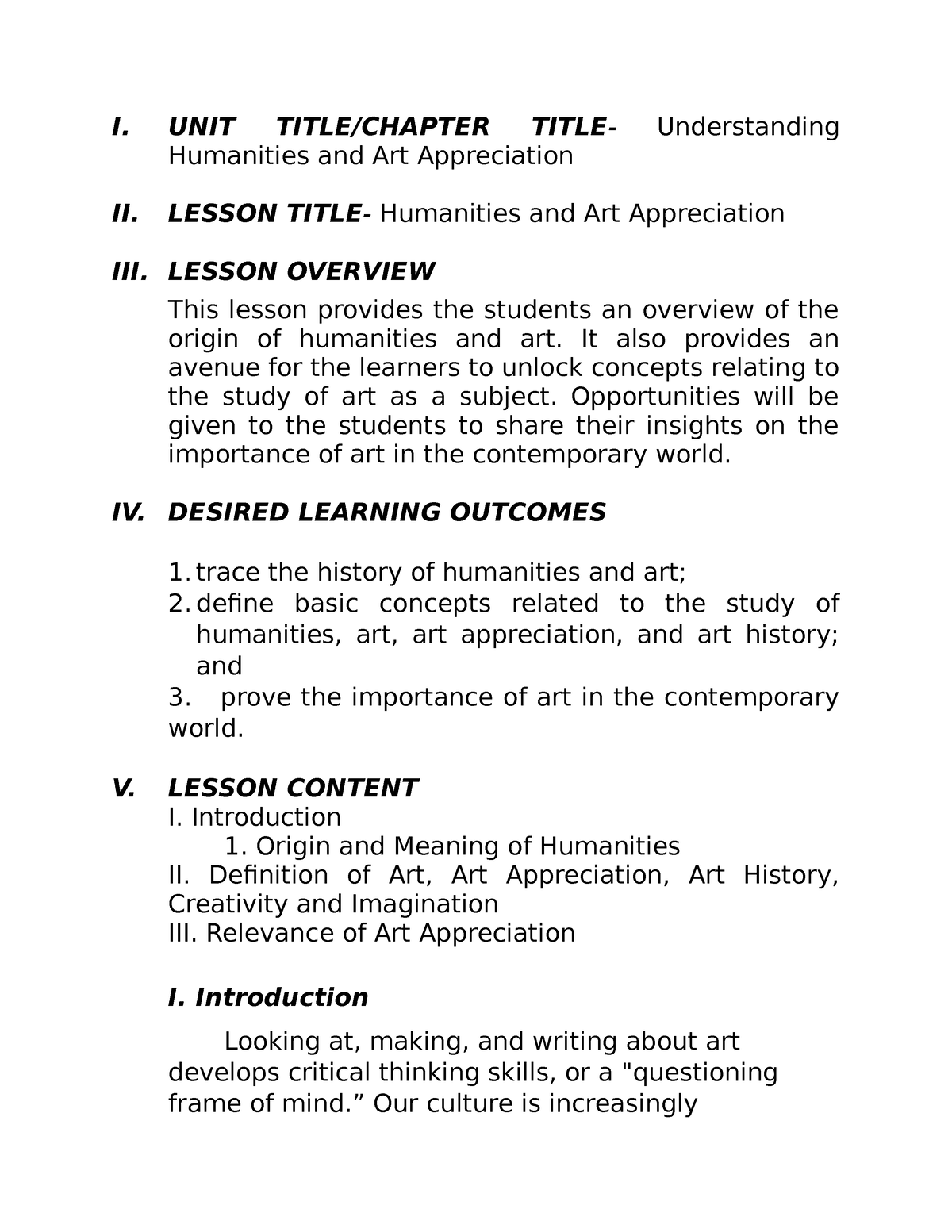 humanities and art appreciation essay