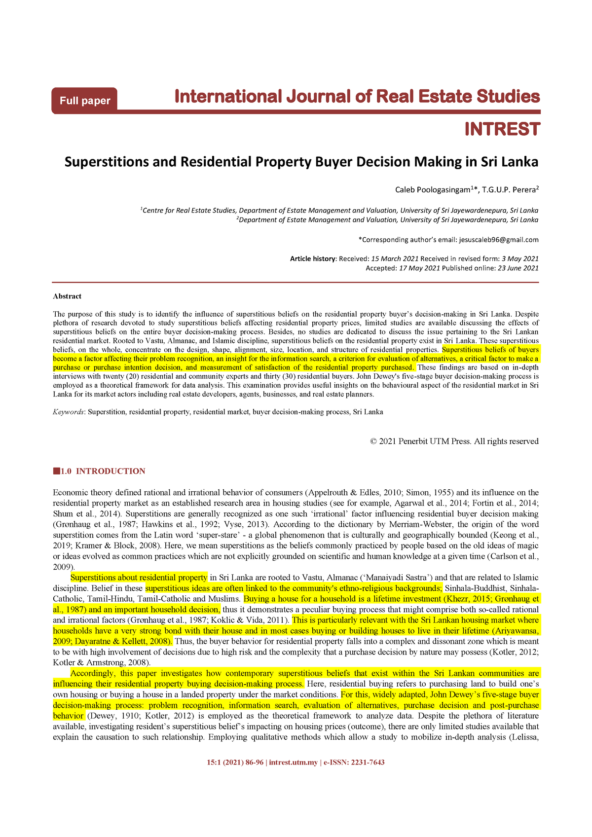 Superstitions And Residential Property Buyer Decision Making In Sri Lanka 151 2021 86 96 0166