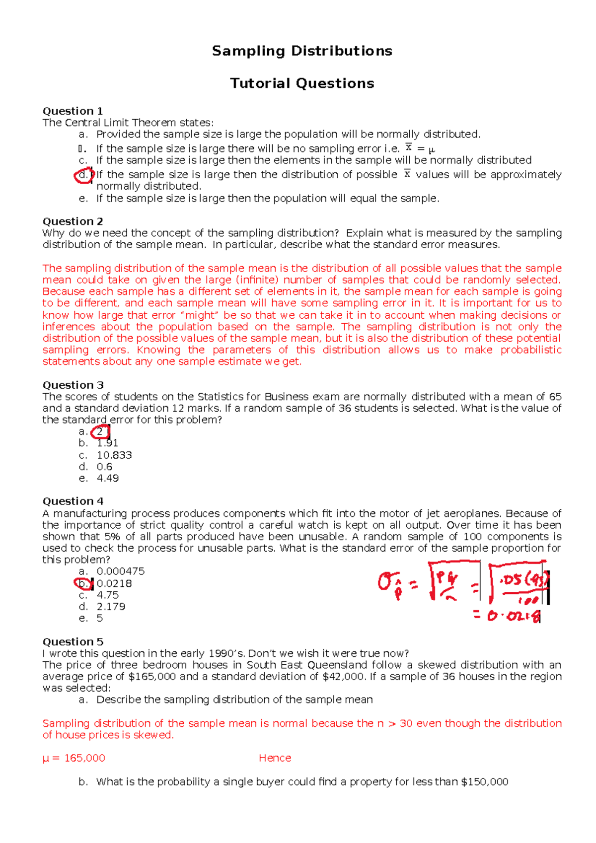 Sampling Distribution Tutorial Questions (2022 - 01) - Solutions ...
