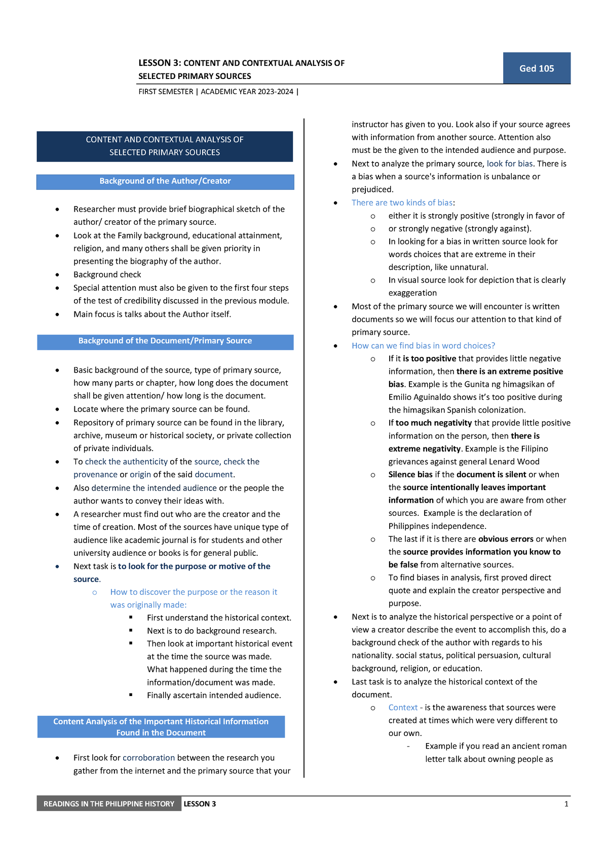 RPH-L3 - Notes in RPH - LESSON 3: CONTENT AND CONTEXTUAL ANALYSIS OF ...