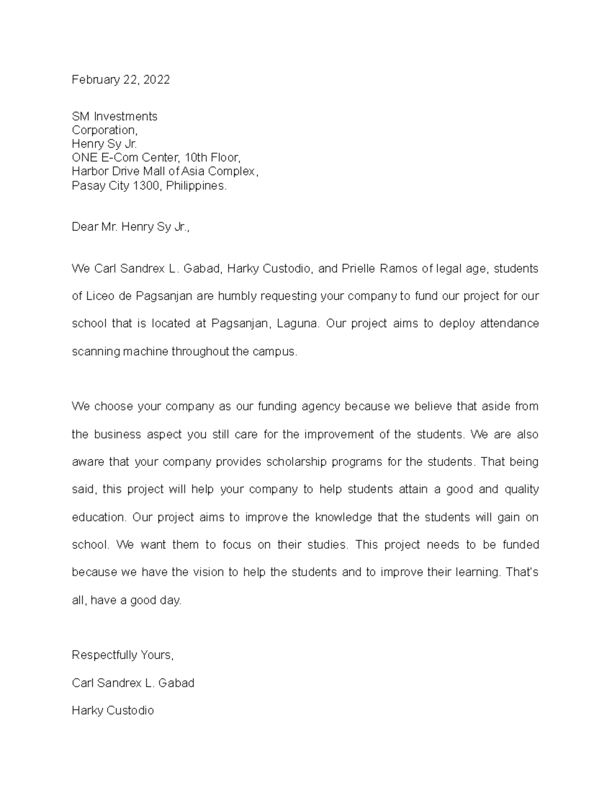 Letter for Funding Agency in the Philippines - February 22, 2022 SM ...