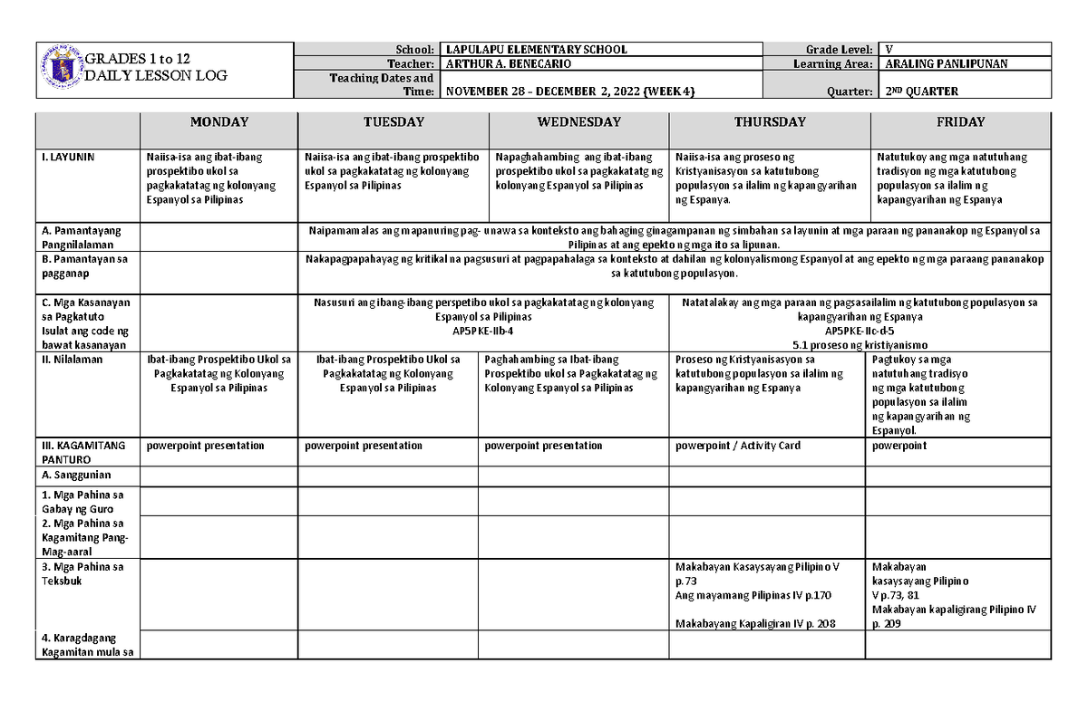 DLL Araling Panlipunan 5 Q2 W4 - GRADES 1 to 12 DAILY LESSON LOG School ...