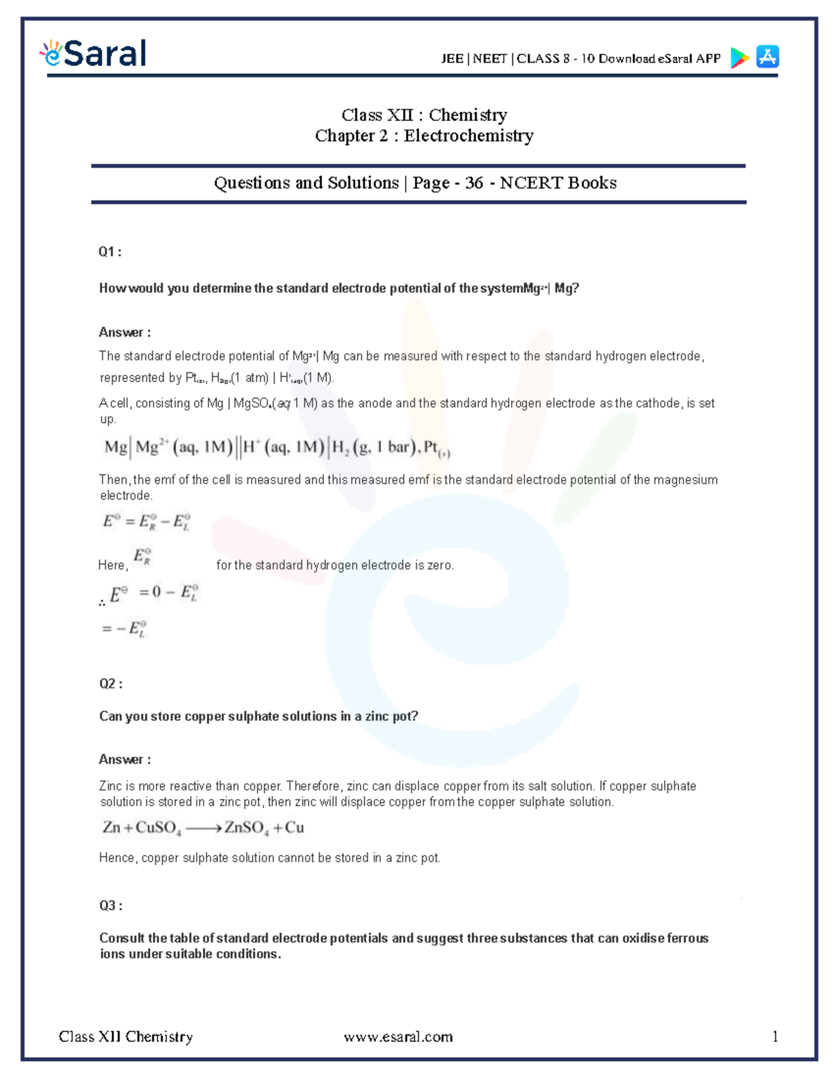 Class 12 Chemistry Chapter 2 Electrochemistry PDF - How would you ...
