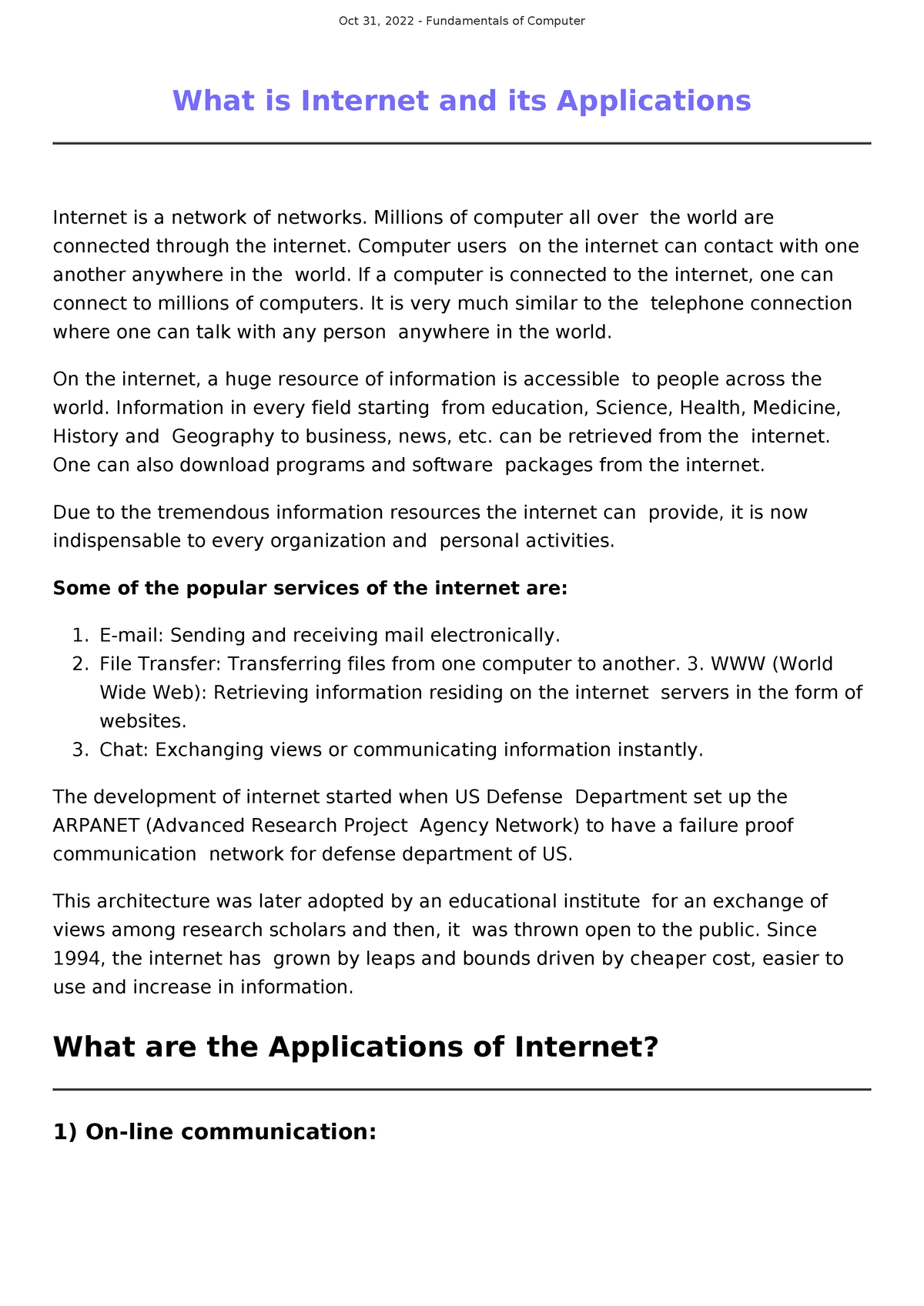 essay on internet and its applications